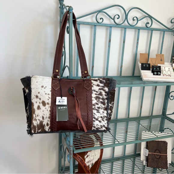 🌺New Myra Bag Canvas & Cowhide & Leather Tote satchel concho tassel western boho - Picture 4 of 15